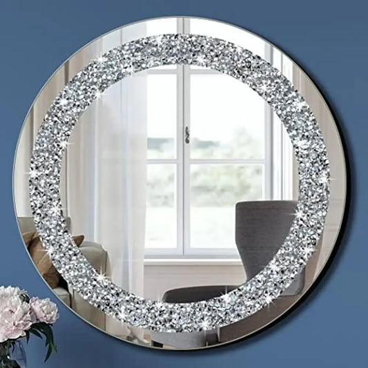Round Crystal Diamond Mirror Frameless Silver Wall Decor
