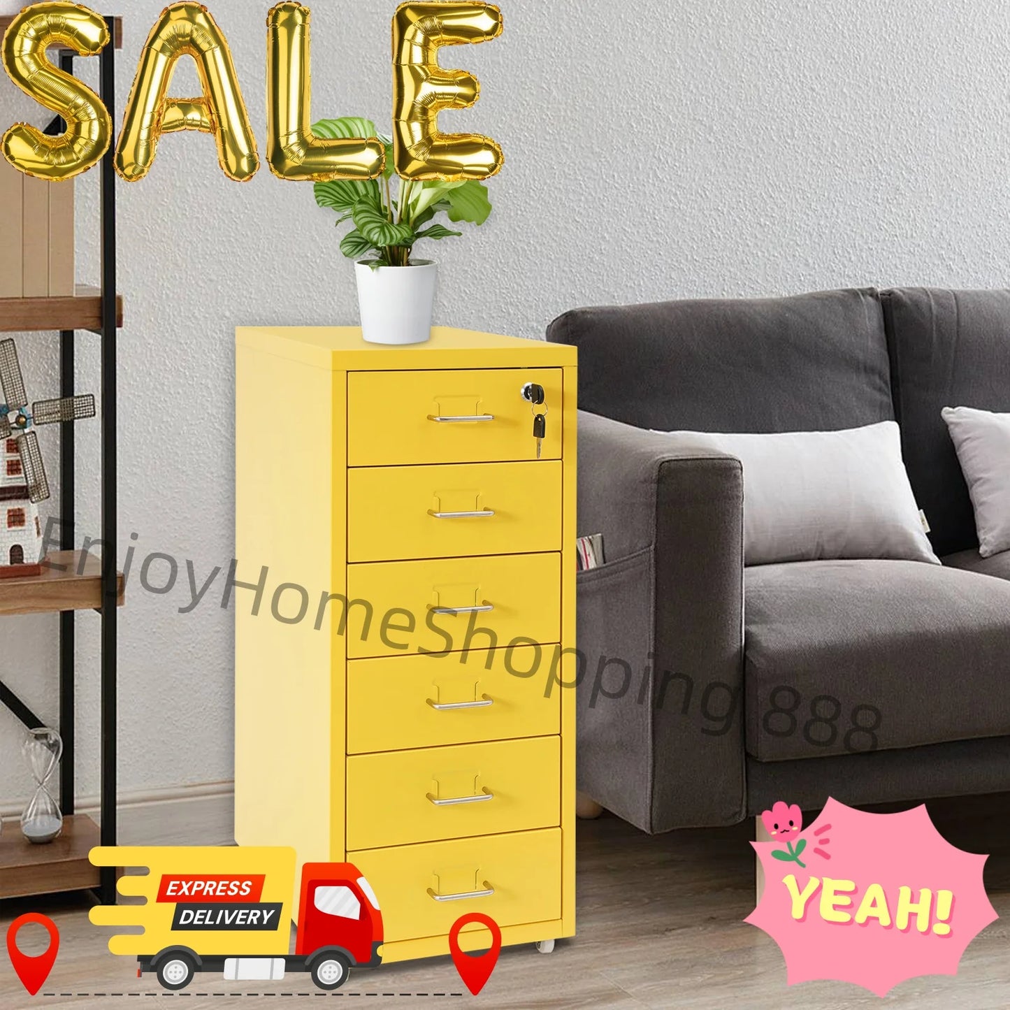 Yellow Metal File Cabinet With Wheels For Office Storage
