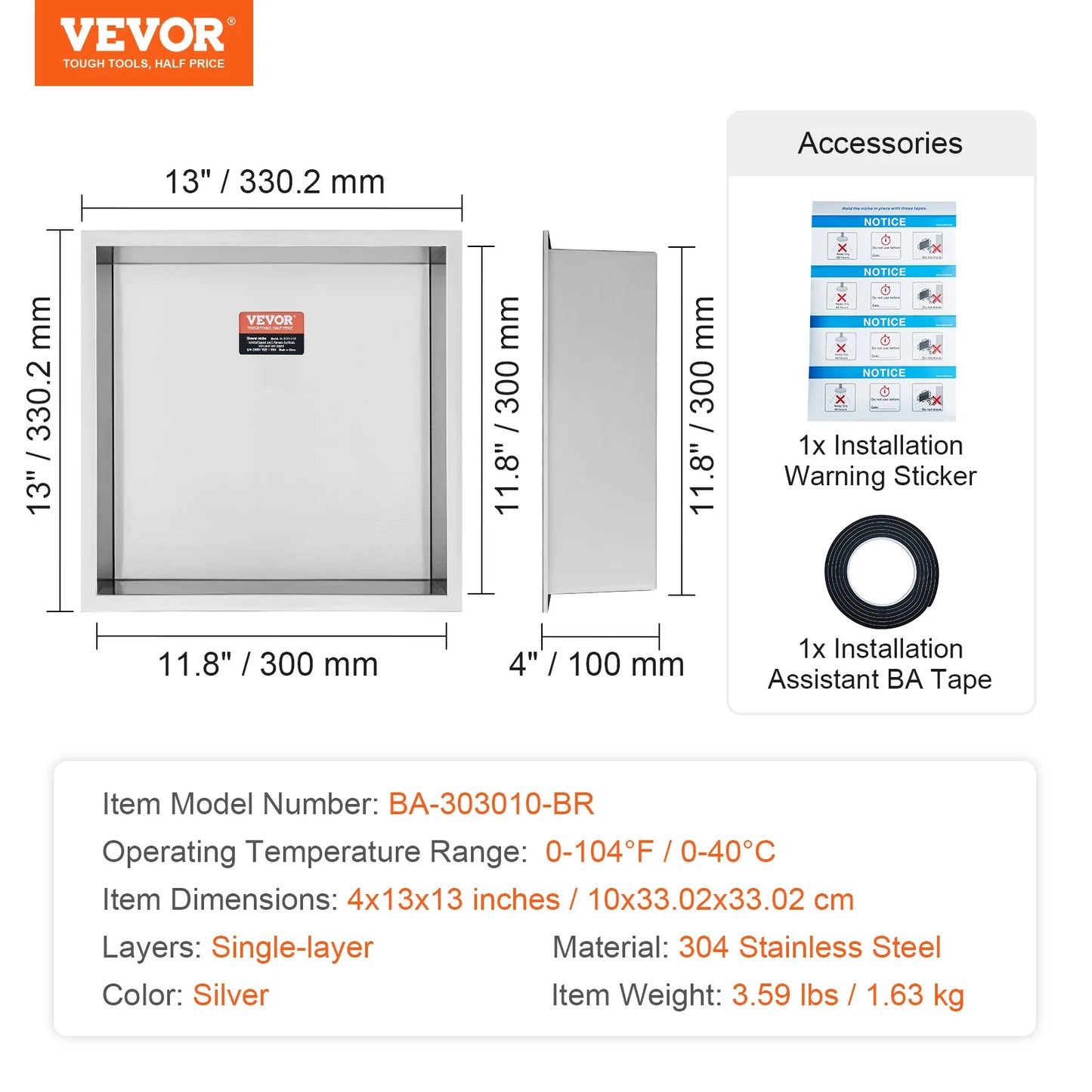 304 Stainless Steel Shower Niche With Dual Shelves No Tile