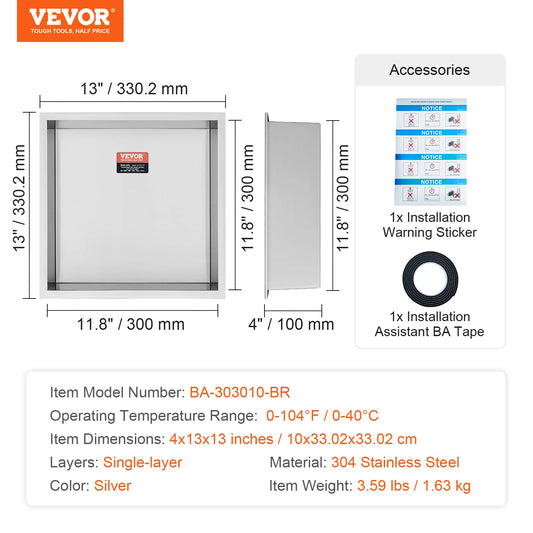 304 Stainless Steel Shower Niche With Dual Shelves No Tile