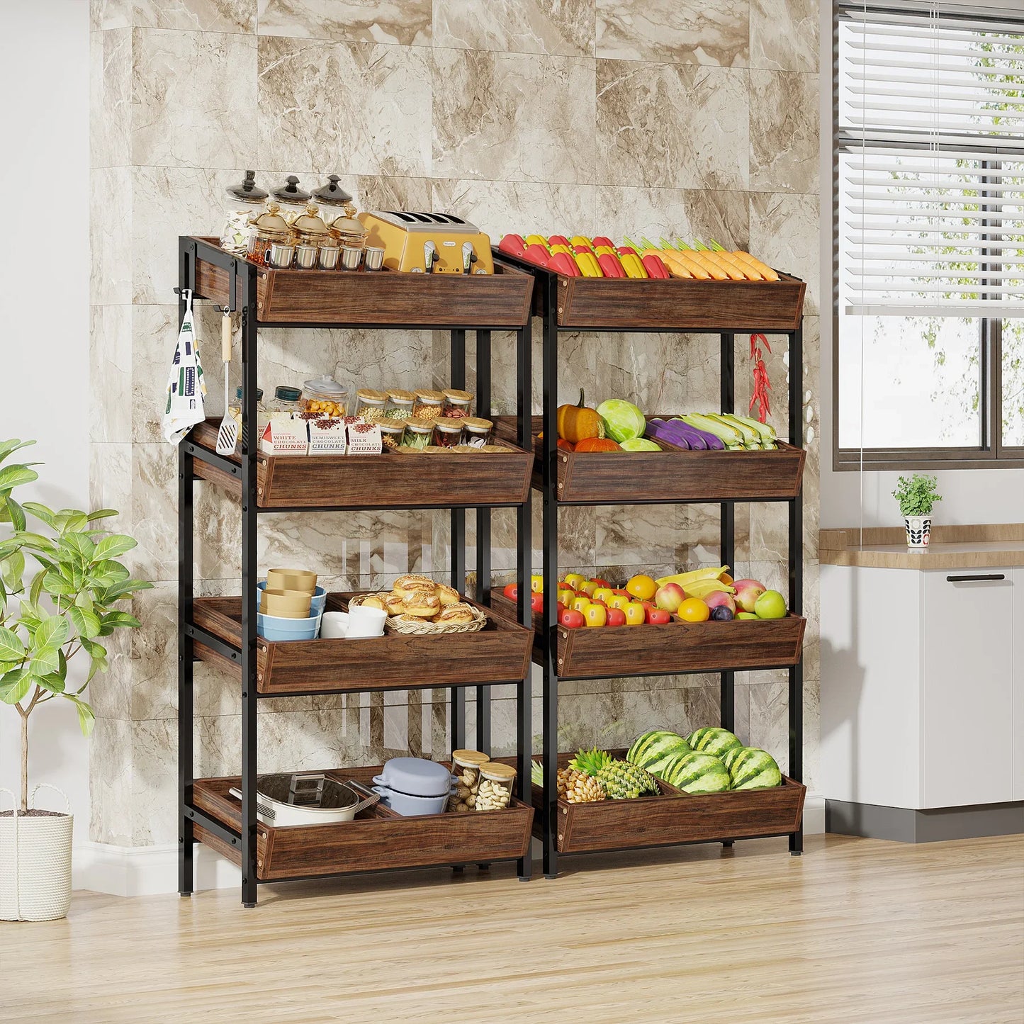 Tribesigns 4-Tier Wood Utility Storage Shelves, Fruit and Vegetable Basket Stand for Kitchen, Office, Store, Supremarket