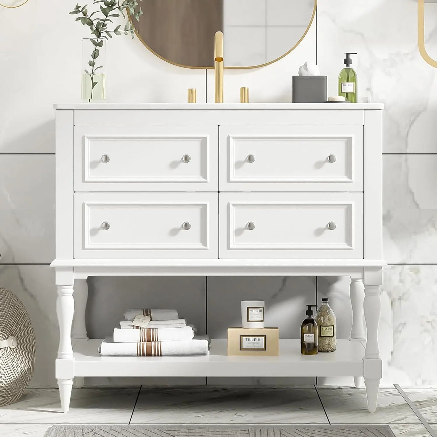 36 Inch Country Bathroom Vanity with Sink and Storage Cabinet