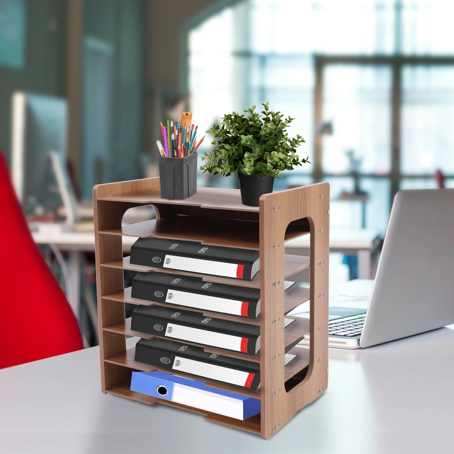 Wooden Office Paper Organizer 7 Tier Compact Storage Rack