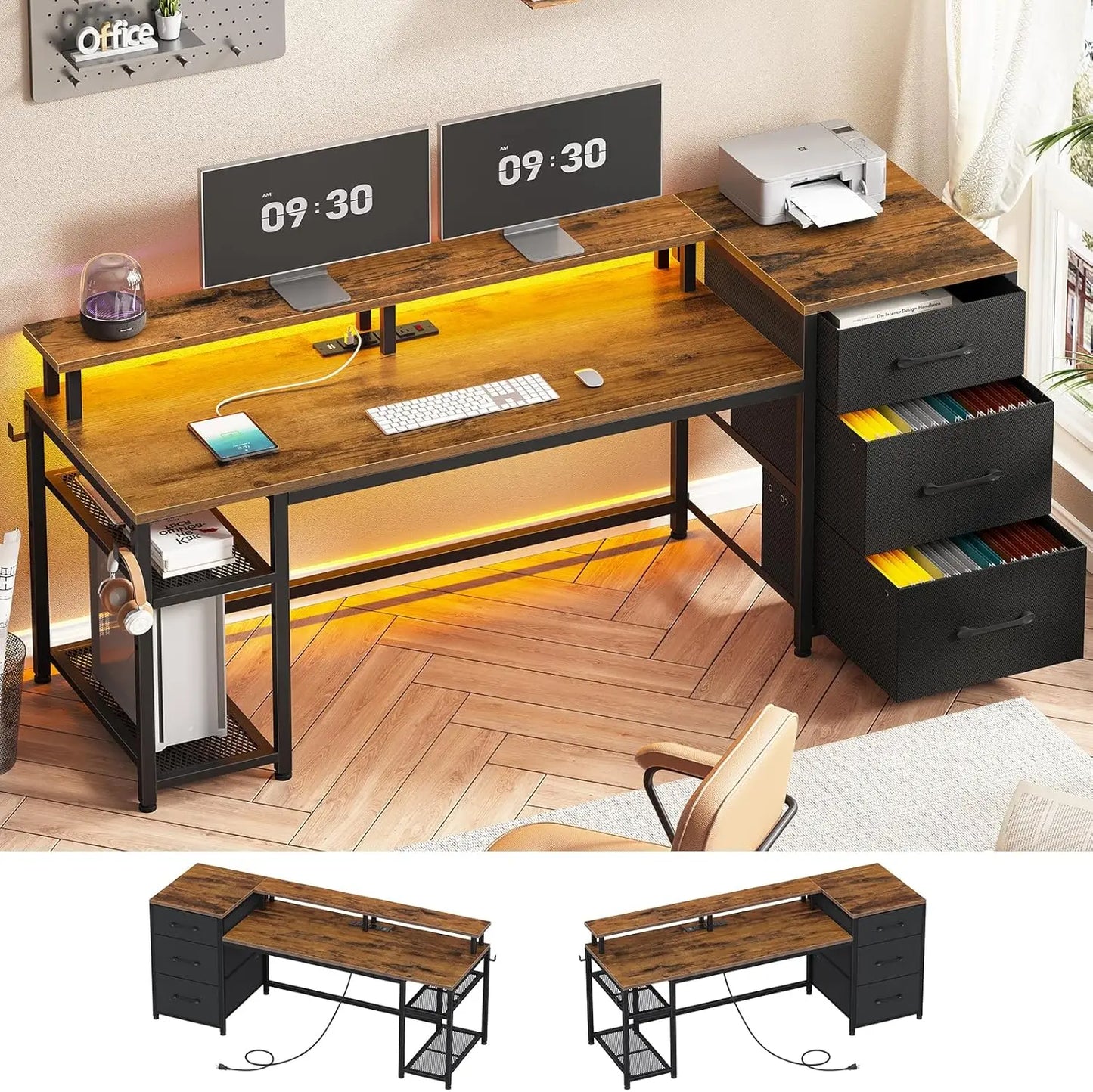 59 Inch Reversible Office Desk with Drawers and LED Lights