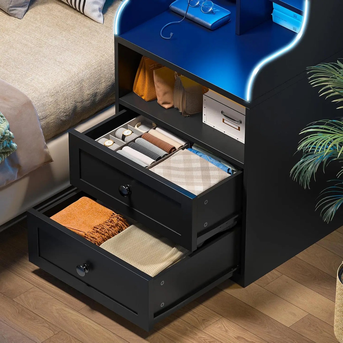 Tall Nightstand with LED Lights and USB Charging Station