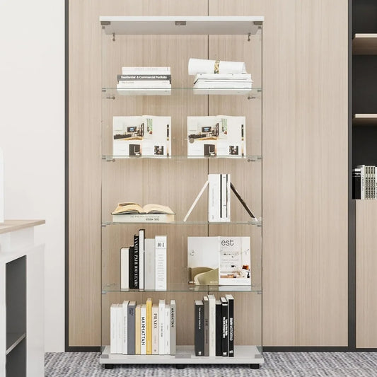 White Glass Display Cabinet with 5 Shelves for Living Room Storage