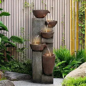 4-Tier Modern Outdoor Water Fountain with LED Lights