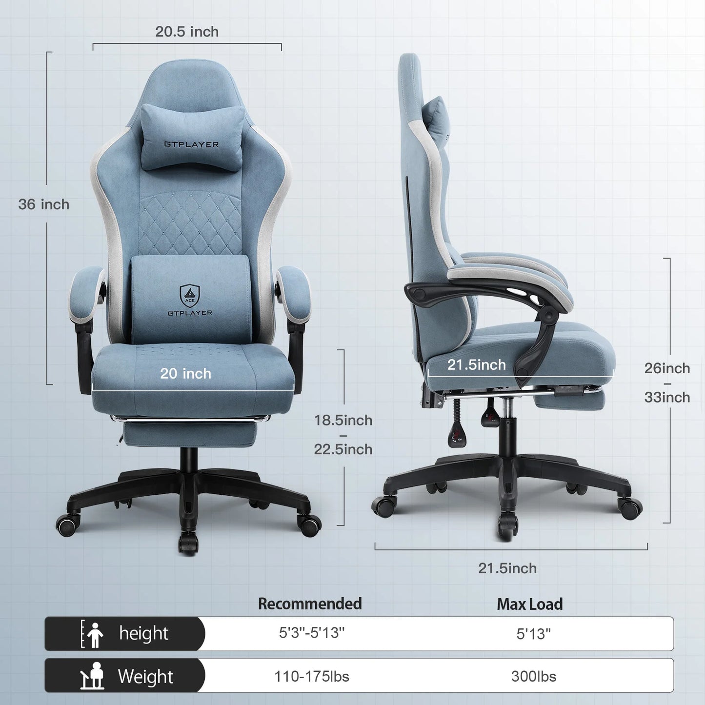 GTPLAYER Gaming Chair With Lumbar Support And Footrest
