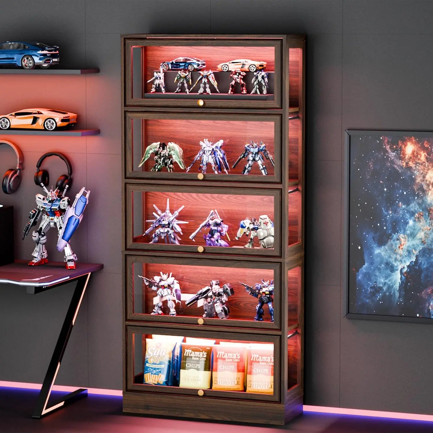 Display Cabinet with Acrylic Glass Doors,5-Tiers Curio Cabinet with LED Lighting for Collectibles, Collectibles Toy, Customized