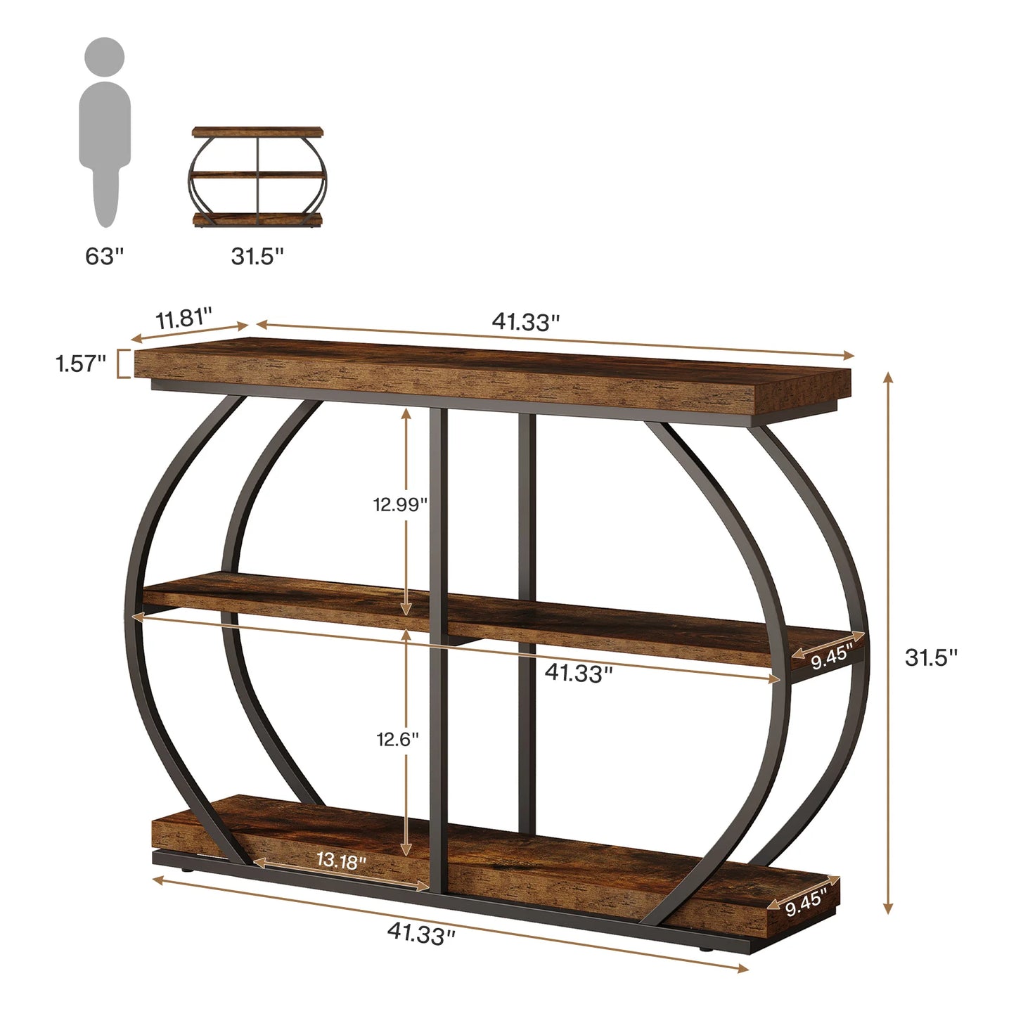 Industrial Console Table With Arched Metal Frame And Storage Shelves