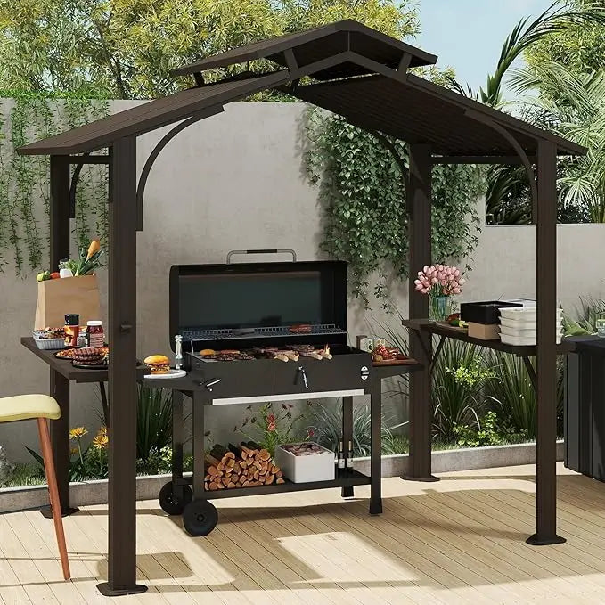 8x5FT Hardtop Grill Gazebo, Grill Canopy for Outdoor Grill w/Double Galvanized Steel Roof, 2 Side Shelves and Ceiling Hooks