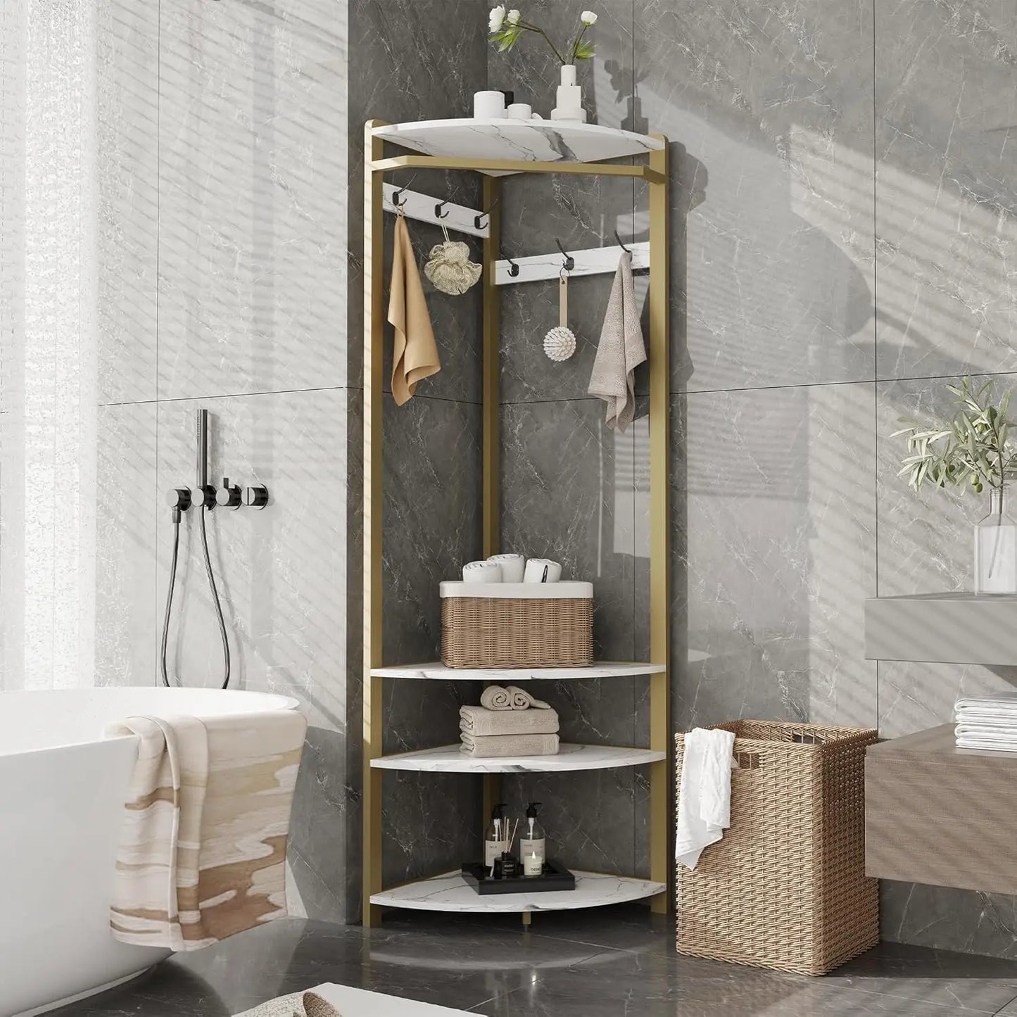 Corner Coat Rack Stand Freestanding Hall Tree with 6 Hooks & 3 Shelves,Entryway Storage for Living Room Entryway