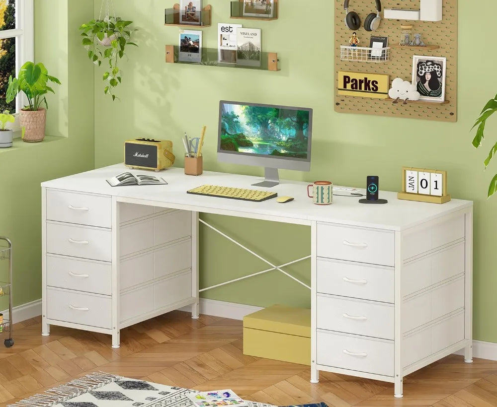60 Inch Computer Desk with 8 Drawers, Home Office Desk with Power Outlets, Work Study Gaming Desk with 8 Fabric Drawers