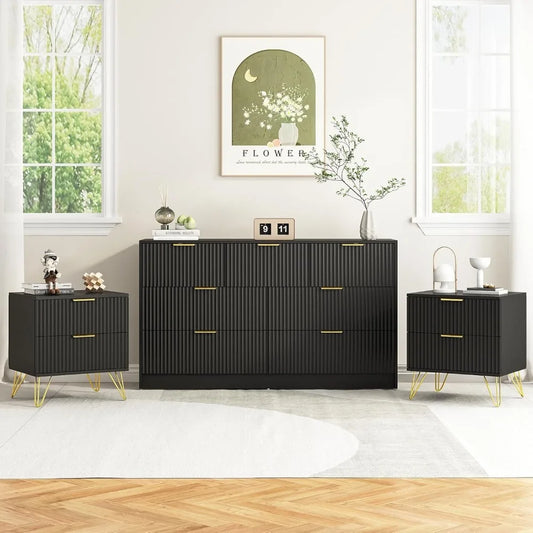 7 Drawer Dresser and Nightstand Set EngineeredWoodConstruction Matte Black GoldHandles