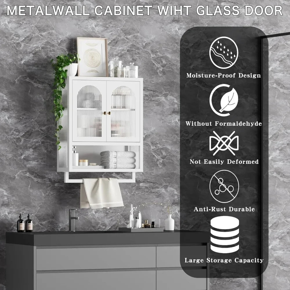 Bathroom Wall Mount Cabinet with Glass Doors and Storage Drawers