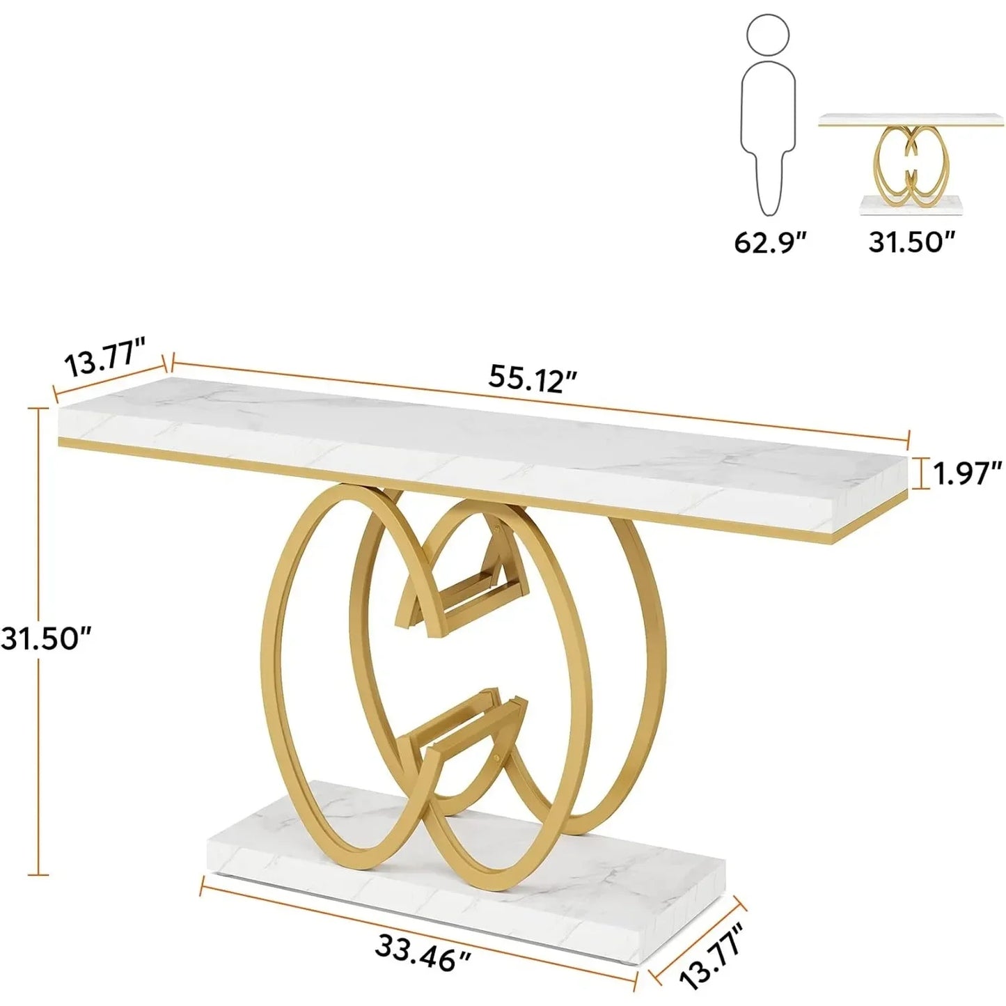 55 Inch Console Table With Geometric Base White Gold