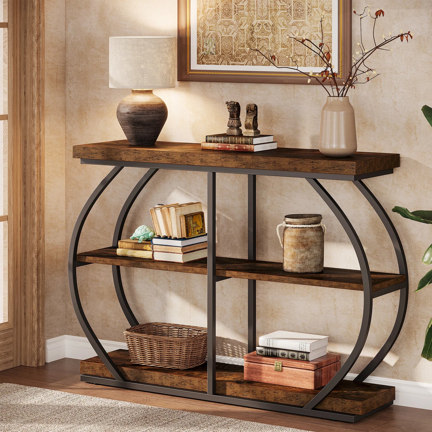 Industrial Console Table With Arched Metal Frame And Storage Shelves
