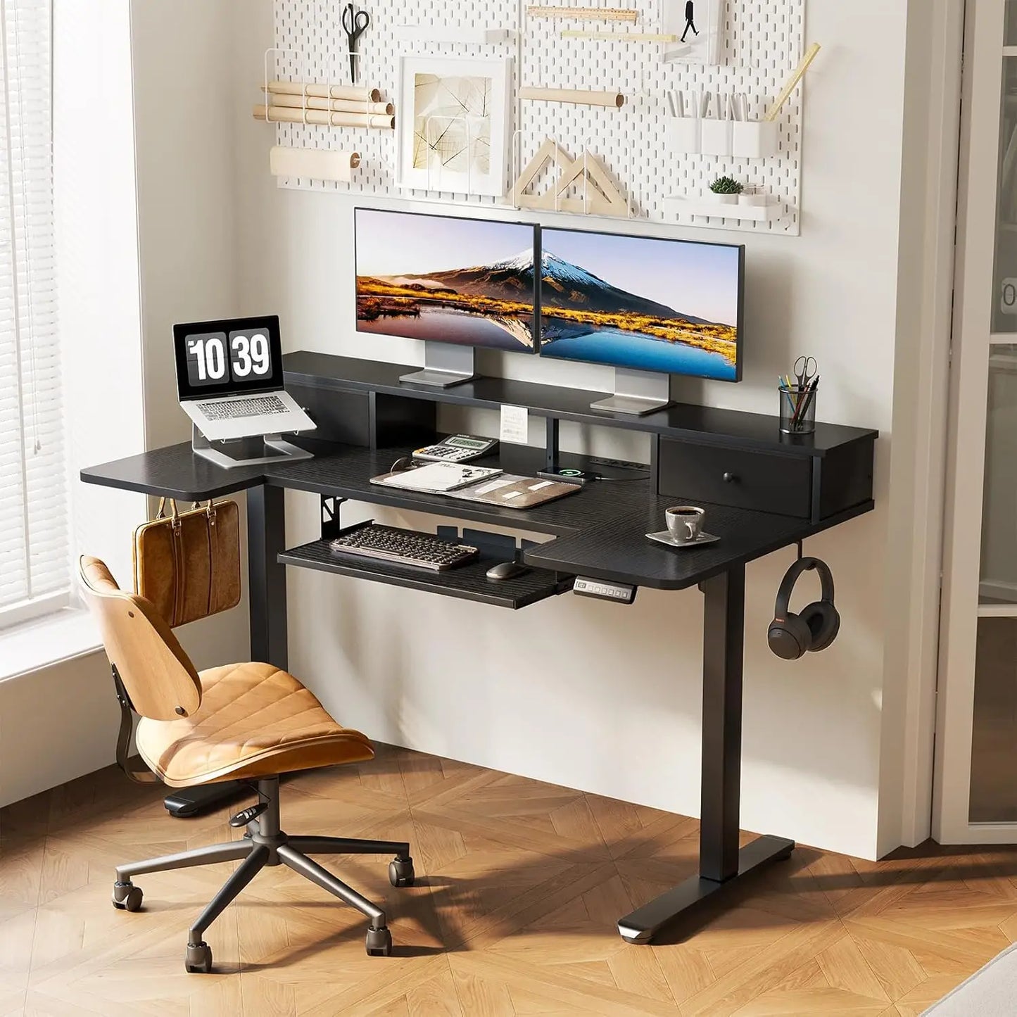 U Shaped Electric Standing Desk with Drawers, 55 Inch Height Adjustable Desk with Keyboard Tray ＆ Ergonomic Monitor Stand