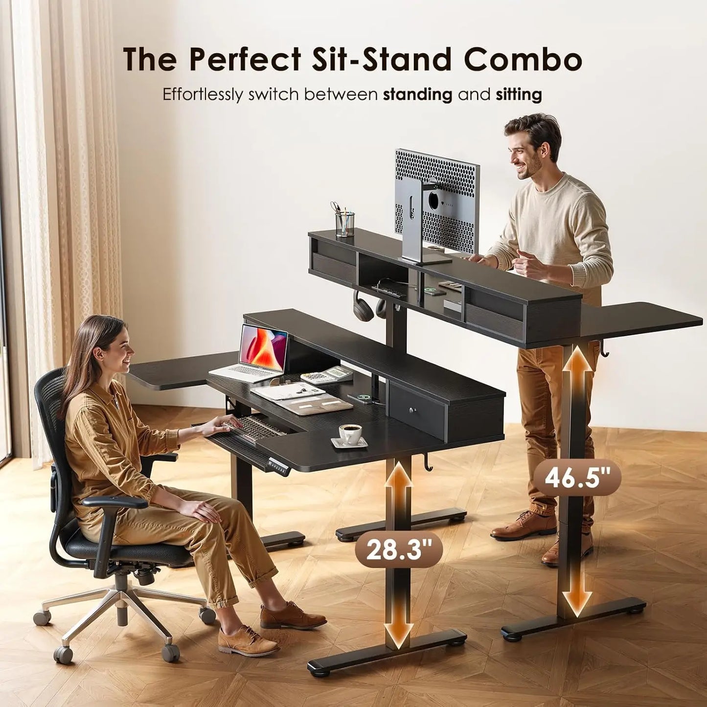 U Shaped Electric Standing Desk with Drawers, 55 Inch Height Adjustable Desk with Keyboard Tray ＆ Ergonomic Monitor Stand