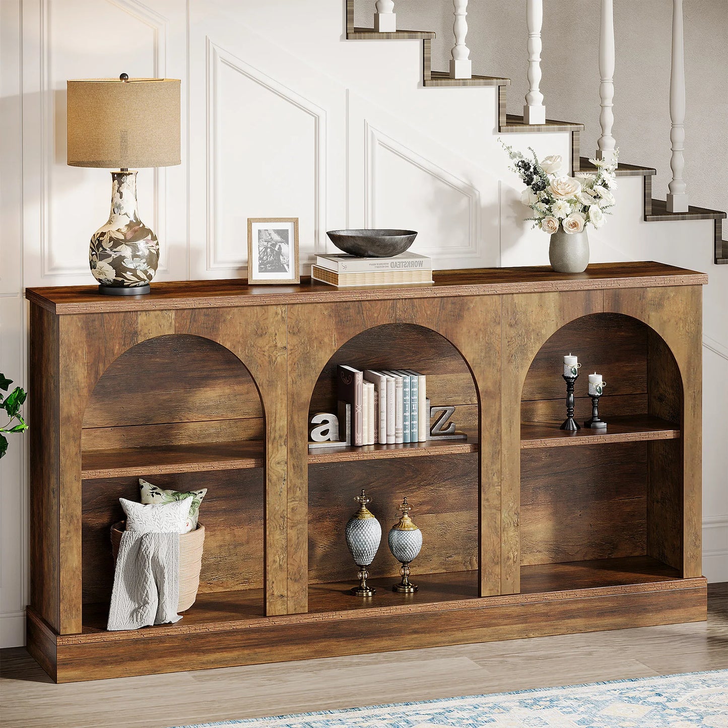 Farmhouse Console Table 63-Inch With Three-Tier Storage