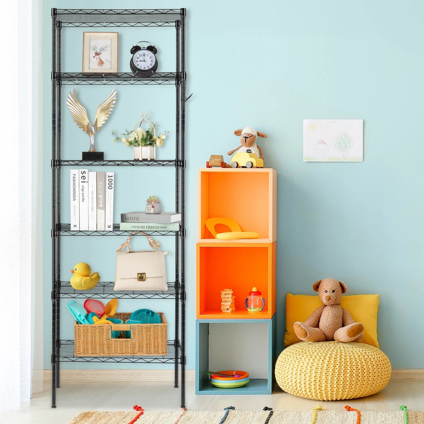Wheeled Floor Storage Rack 5 Tier Carbon Steel Black