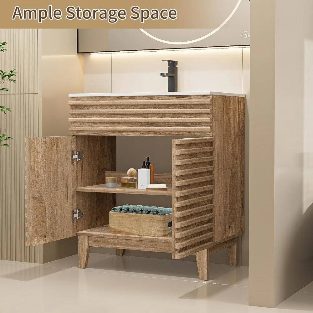 30 Bathroom Vanity with Sink Combo, Mid-Century Storage Cabinet with Wood Stripes, Ceramic Sink and Water Saving Faucet
