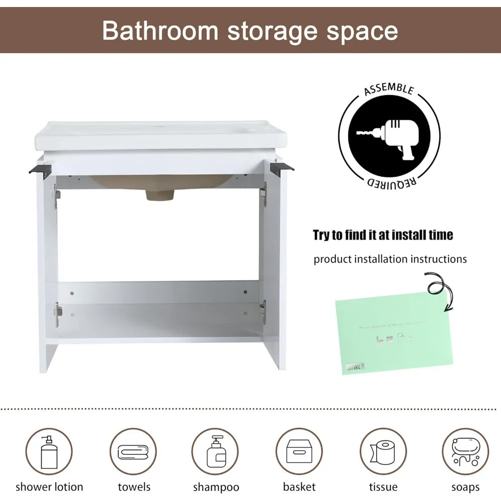 24 Floating Bathroom Vanity with Sink, 24 Inch Single Sink Wall Mounted Bathroom Vanity, with 2 Doors and White Ceramic B