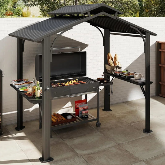 8x5FT Hardtop Grill Gazebo, Grill Canopy for Outdoor Grill w/Double Galvanized Steel Roof, 2 Side Shelves and Ceiling Hooks