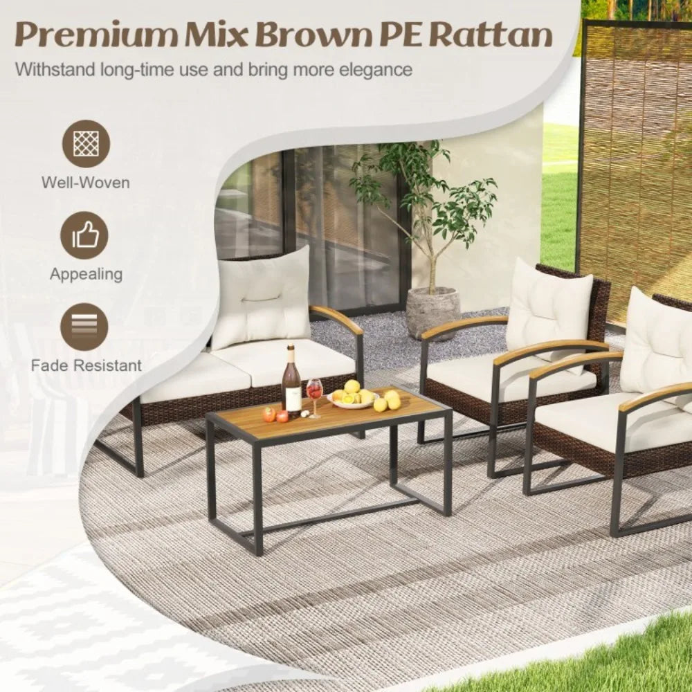 Outdoor Rattan Sofa Set With Tabletop And Cushions