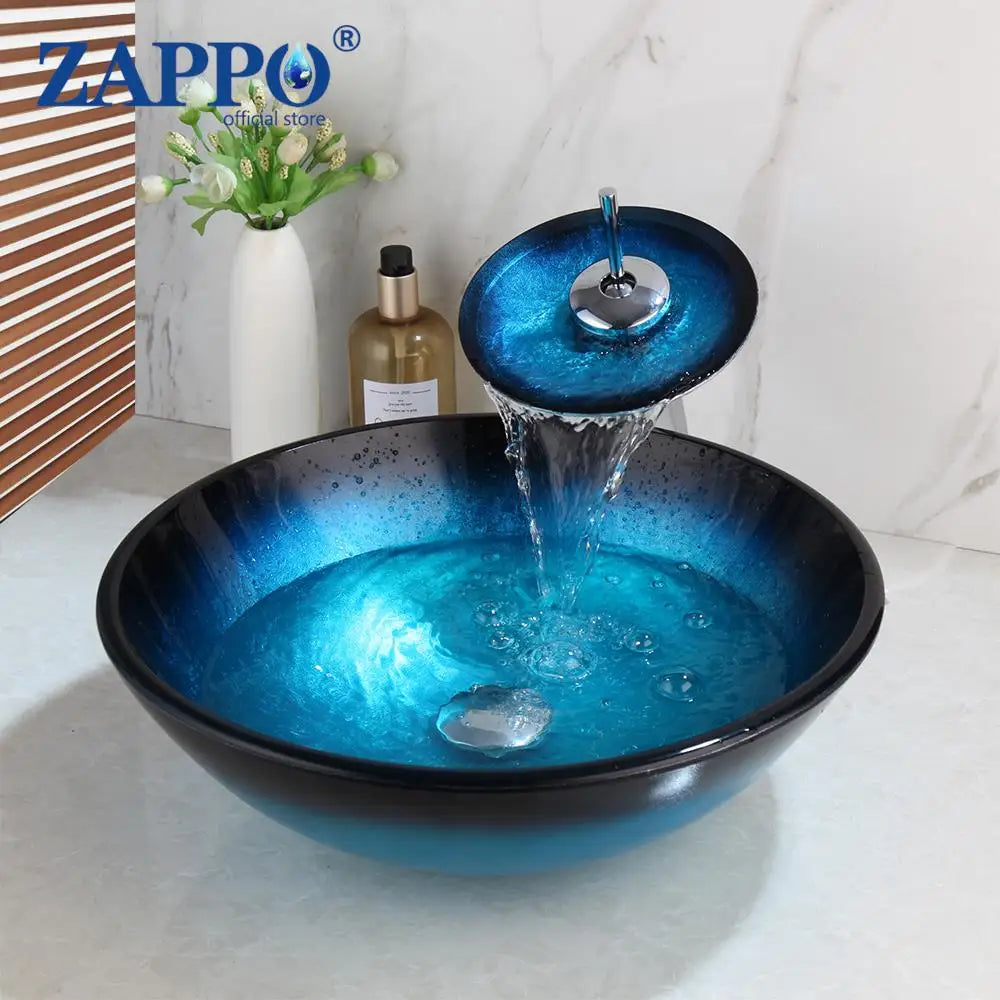 Durable Tempered Glass Vessel Sink With Waterfall Faucet