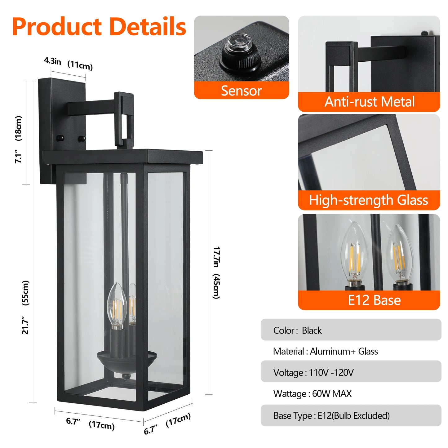 22 Inch Outdoor Wall Lantern With Dusk To Dawn Sensor