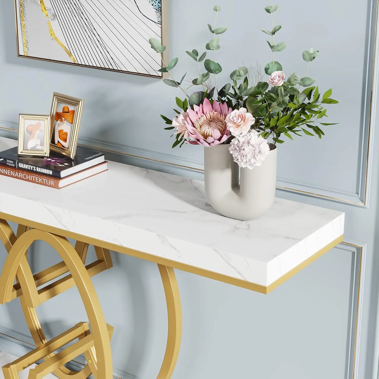 55 Inch Console Table With Geometric Metal Base White Gold