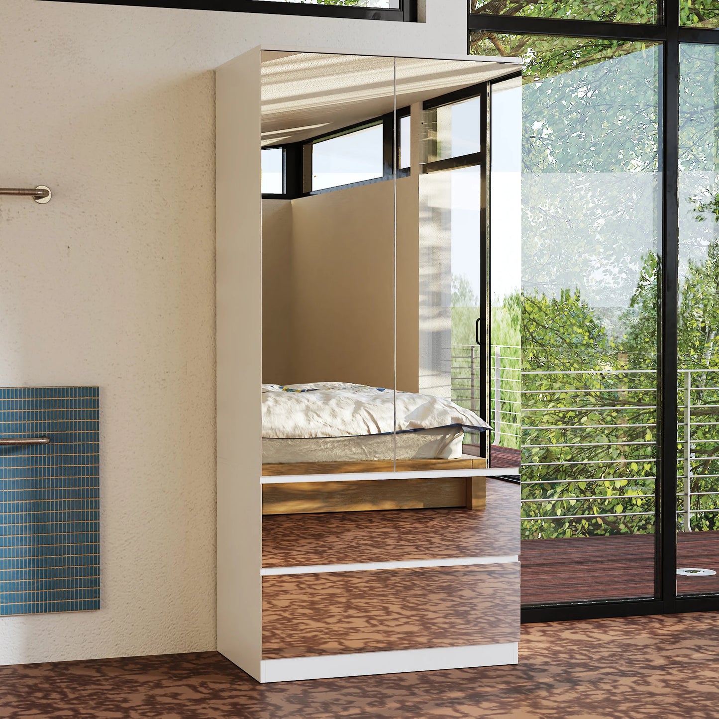 Modern Mirror Wardrobe Closet With Drawers And Hanging Rod