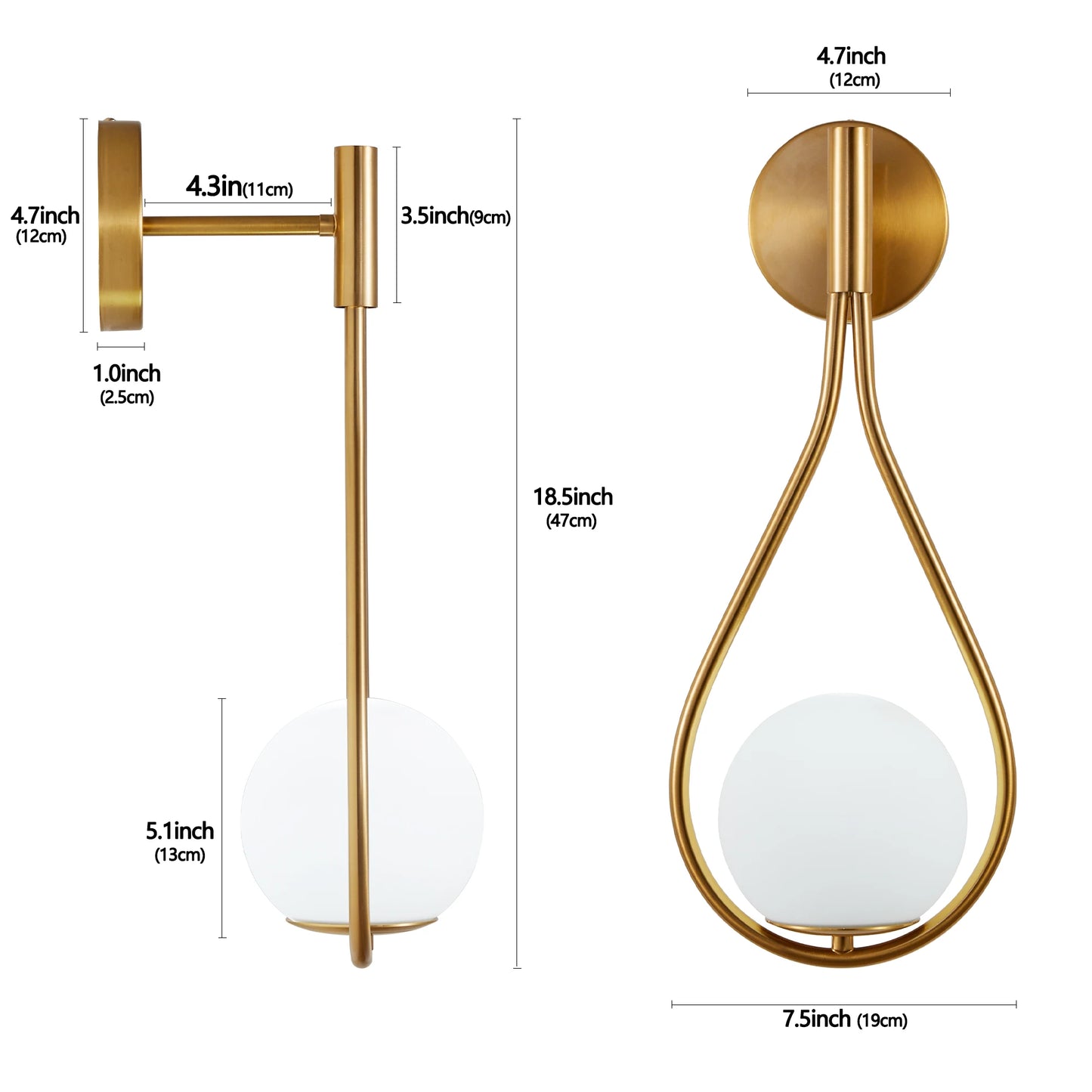 Set of 2 Modern Golden Wall Sconces with Opal Glass Globe, Mid-Century Design, Luxury Wall Lights for Bedroom, Living Room, etc