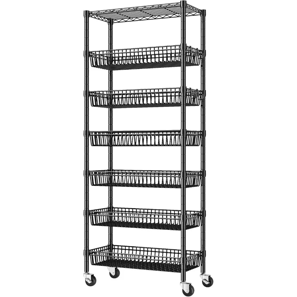 7 Tier Wire Shelving with Wheels 72" H Adjustable Basket Shelf Storage Shelves with Hooks for Kitchen Bathroom Pantry Shelves Cl