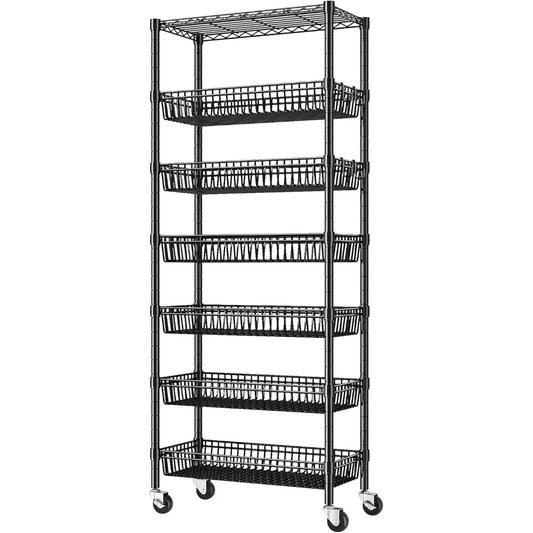 7 Tier Wire Shelving with Wheels 72" H Adjustable Basket Shelf Storage Shelves with Hooks for Kitchen Bathroom Pantry Shelves Cl