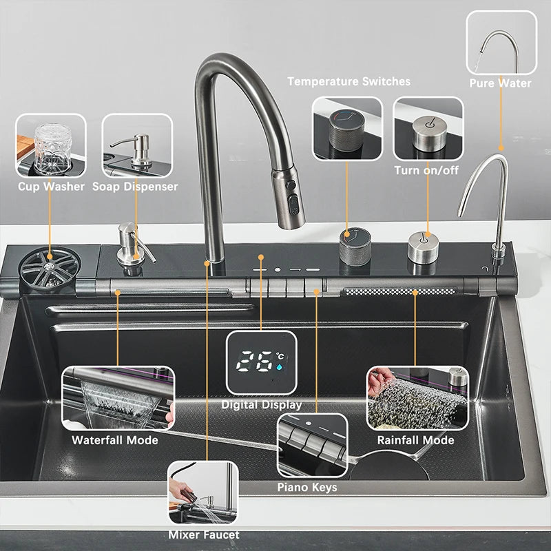 Stainless Steel Kitchen Faucet Set With Rainfall Spout Brushed Finish