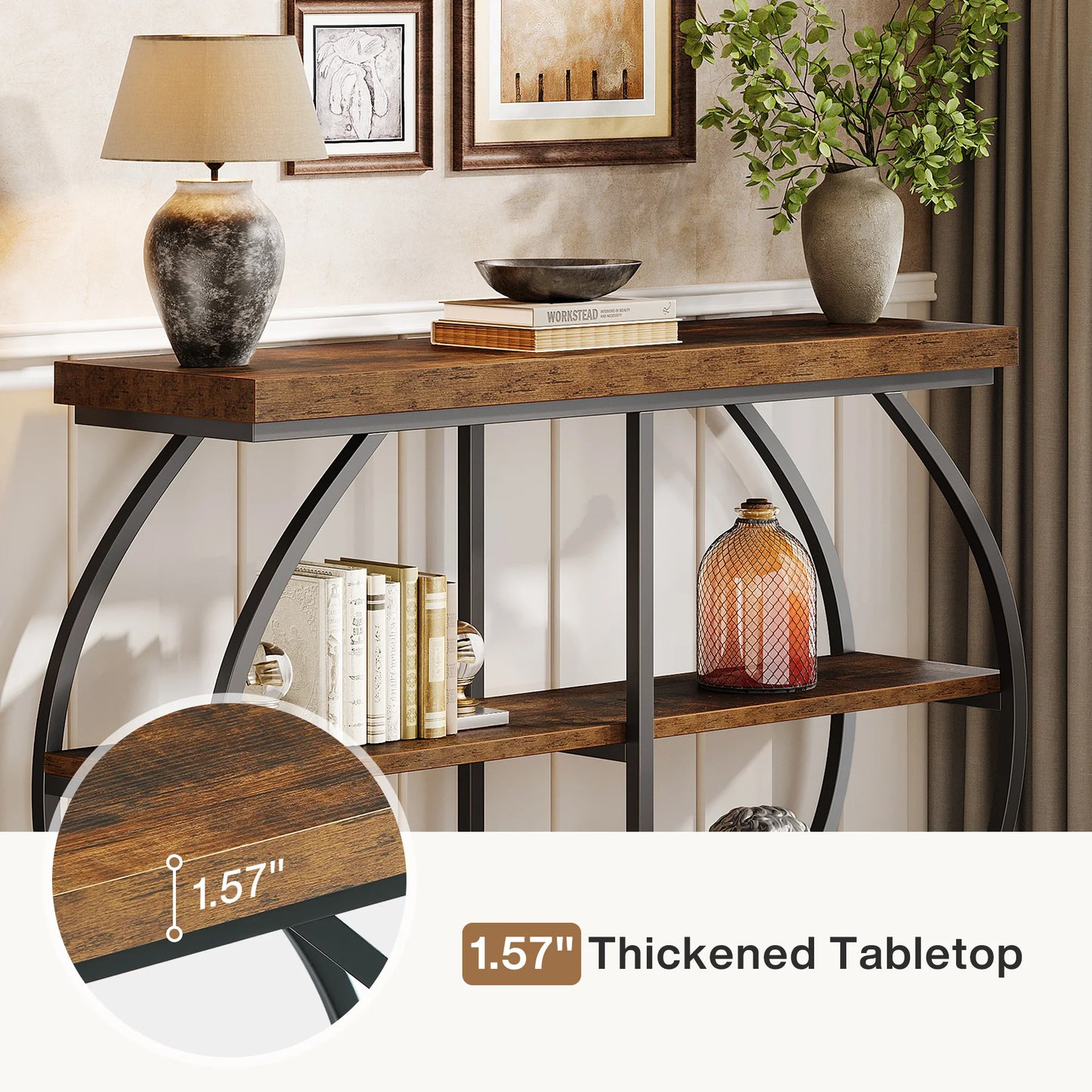 Industrial Console Table With Arched Metal Frame And Storage Shelves