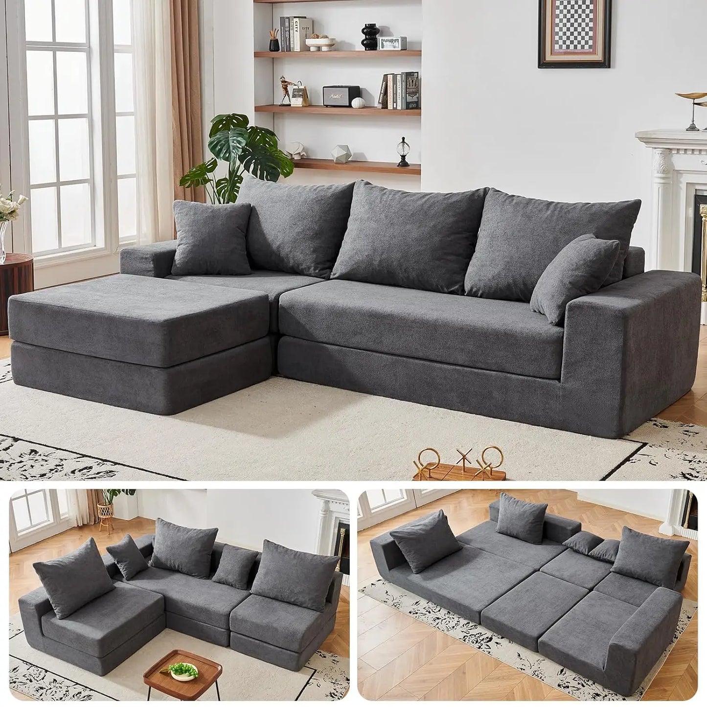 108'' Modular Sectional Couch, Modern 3-Seater Boneless Cloud Sleeper Sofa, L-Shaped Convertible Sectional with, Customized
