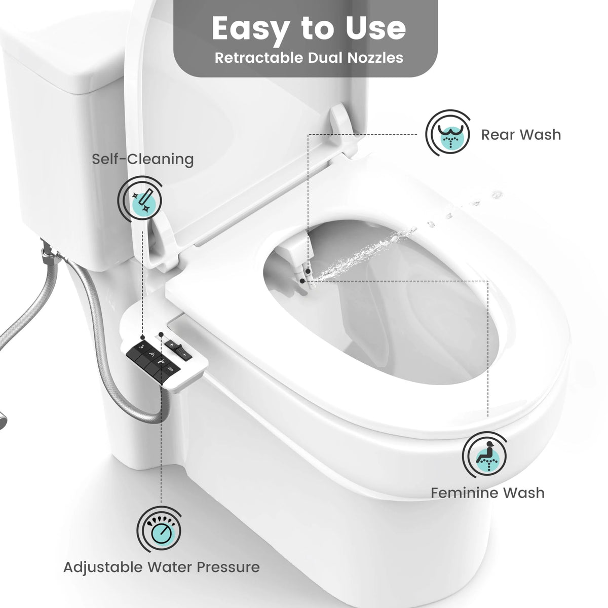 Bidet Attachment for Toilet, Non-Electric Dual Nozzle for Frontal & Rear Wash, Adjustable Water Pressure Control, Bidet Seat