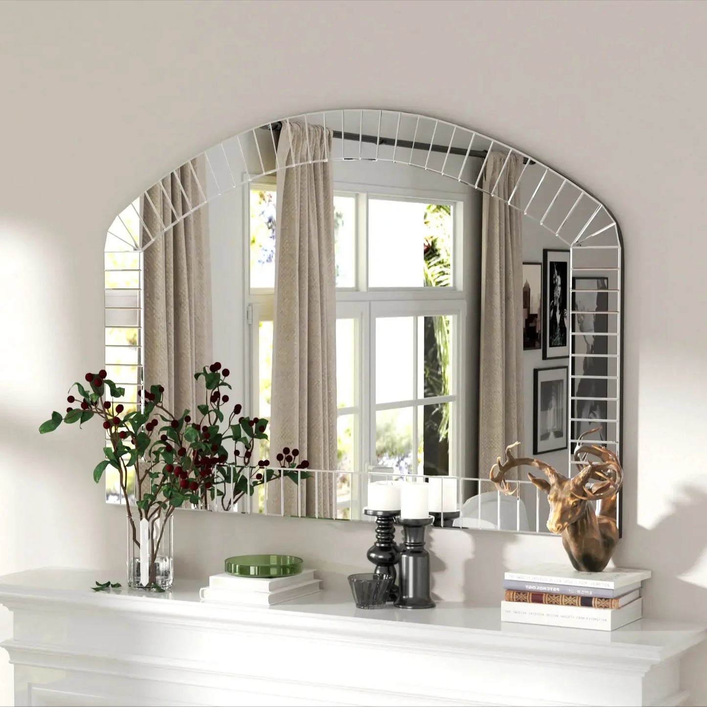 Large Silver Arched Wall Mirror With Beveled Edge Decor
