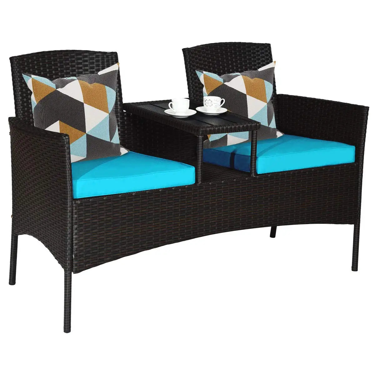 Outdoor Rattan Loveseat Patio Set With Cushions And Table Weatherproof