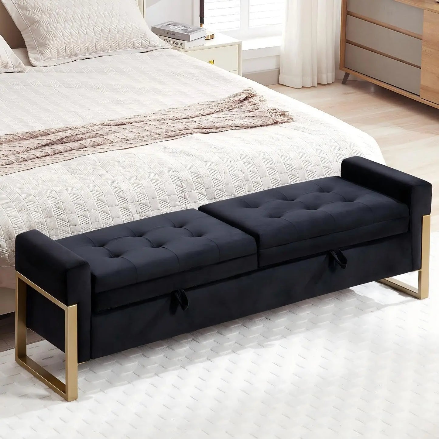 Supercalifragilisticexpialidocious Velvet Storage Bench With Goldtone Legs For Bedroom