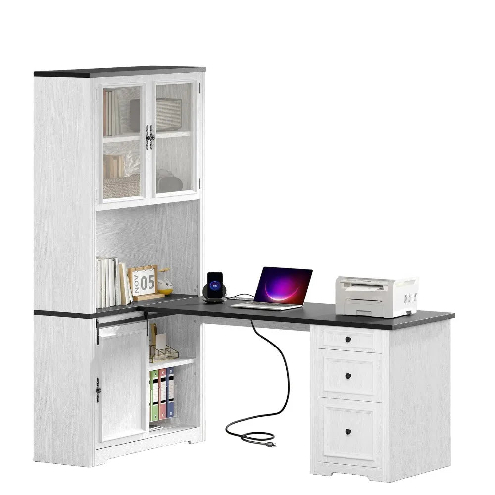 White L Shaped Executive Desk With Power Outlet And Drawers