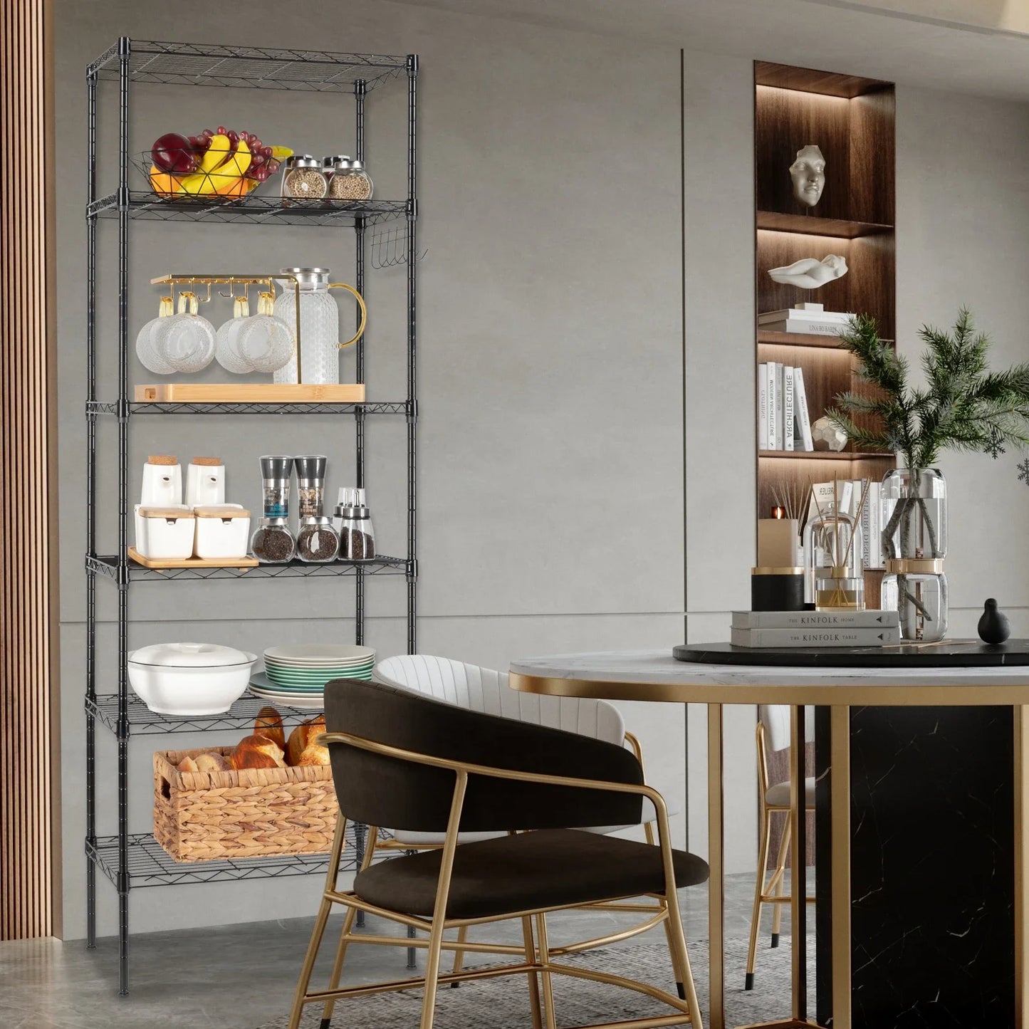 Wheeled Floor Storage Rack 5 Tier Carbon Steel Black