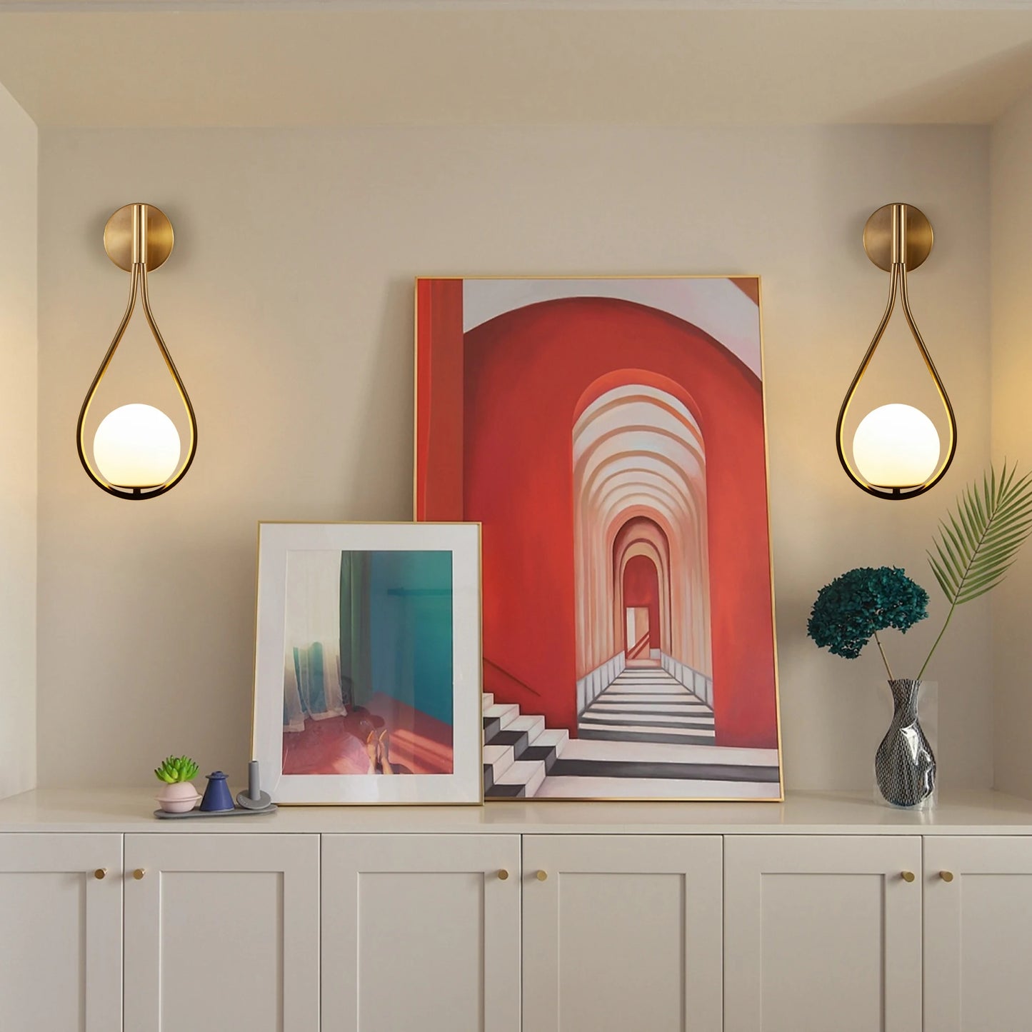 Set of 2 Modern Golden Wall Sconces with Opal Glass Globe, Mid-Century Design, Luxury Wall Lights for Bedroom, Living Room, etc