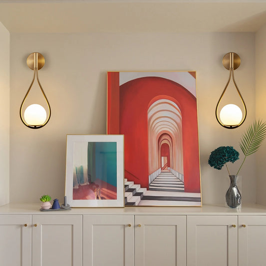 Set of 2 Modern Golden Wall Sconces with Opal Glass Globe, Mid-Century Design, Luxury Wall Lights for Bedroom, Living Room, etc