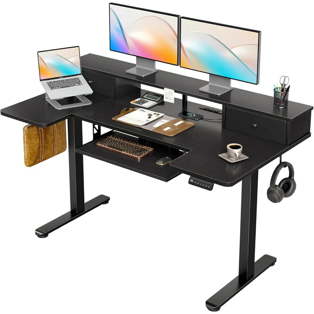 U Shaped Electric Standing Desk with Drawers, 55 Inch Height Adjustable Desk with Keyboard Tray ＆ Ergonomic Monitor Stand