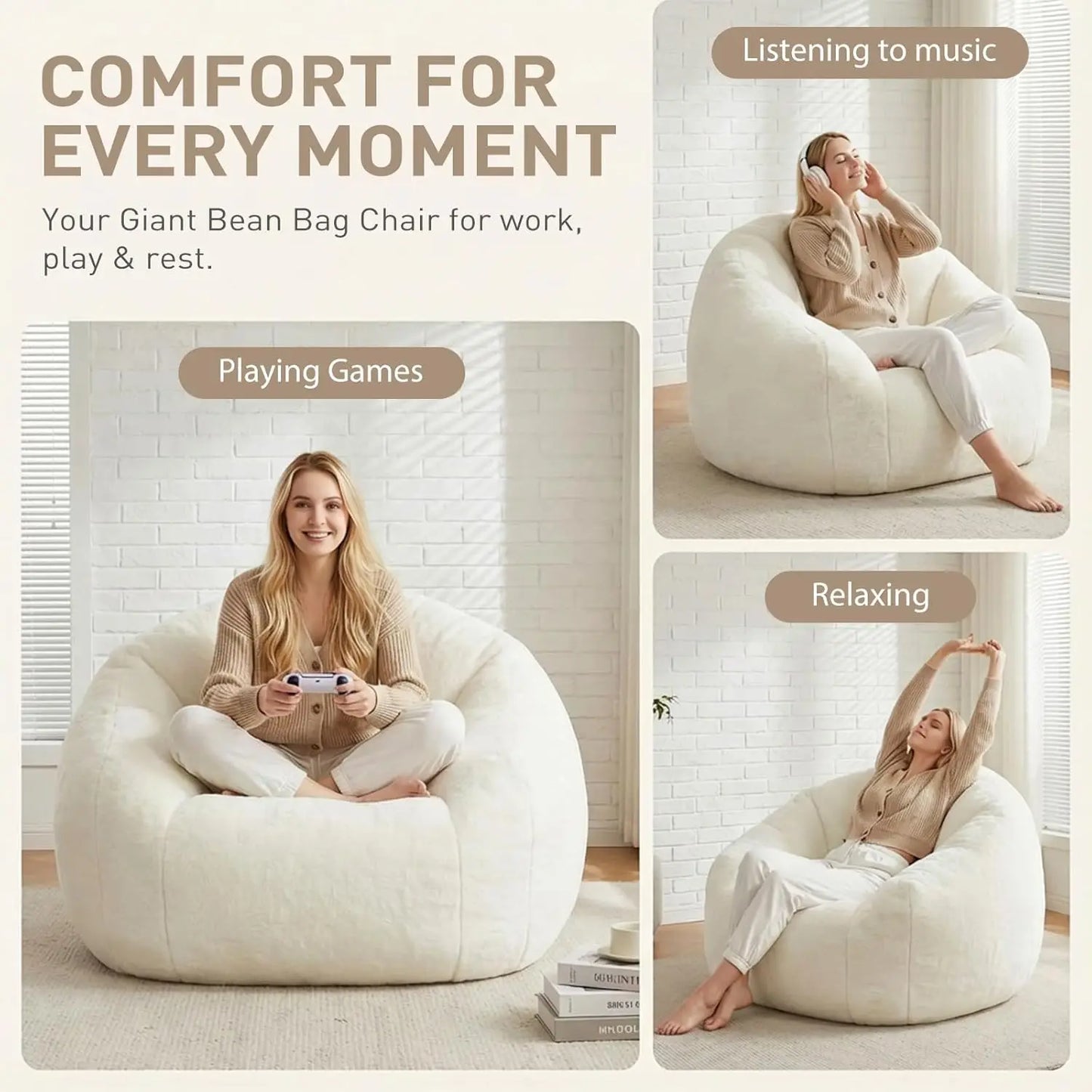 Max Giant Bean Bag Chair, Oversized Sofa for Adults & Teens, Ultra-Soft Fluffy Floor Lounge with Armrests for Gaming & Relaxing