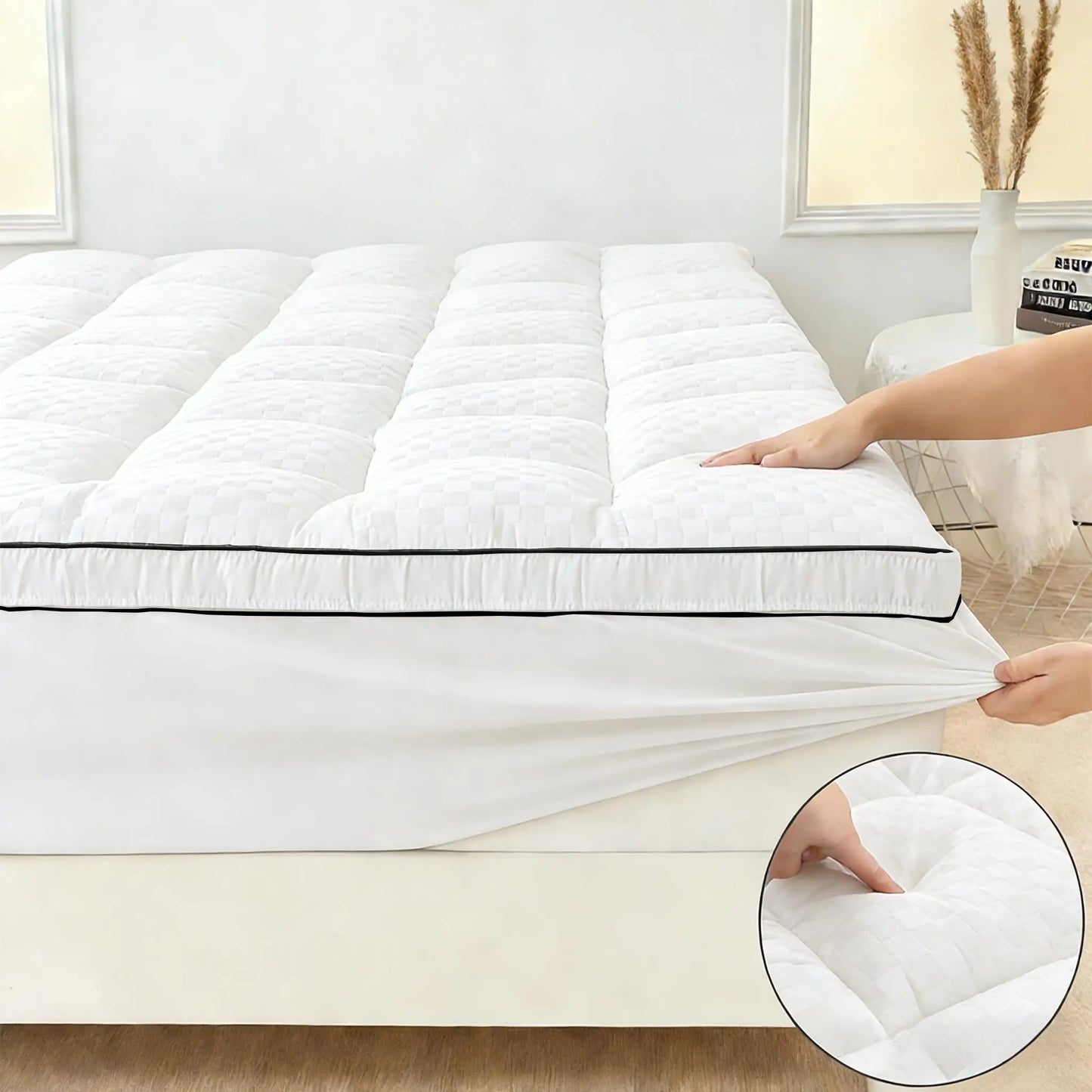 Extra Thick Mattress Topper 500-1000Gsm Cooling Noiseless Breathable Fitted 8-21 Deep Pocket Machine Washable Mattress Pad